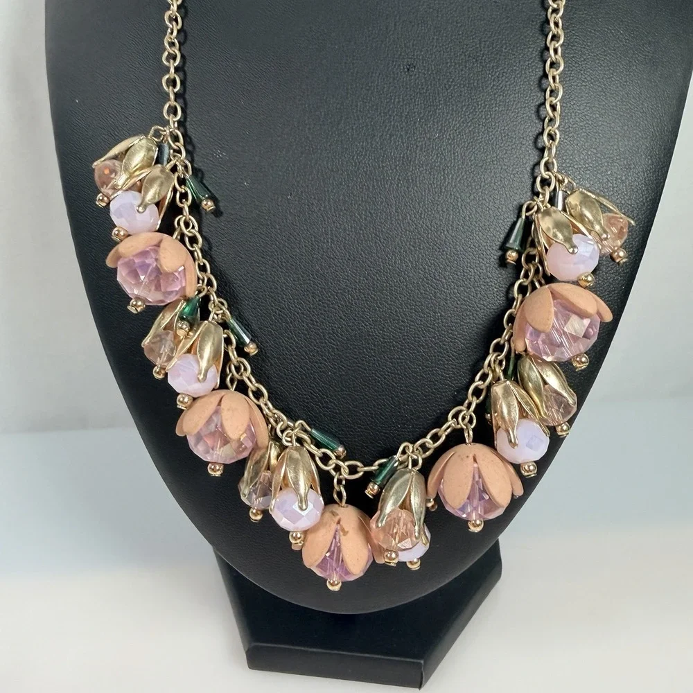 Pink Flower Necklace Glass Dangle Charm Statement Fairycore Adjust 17